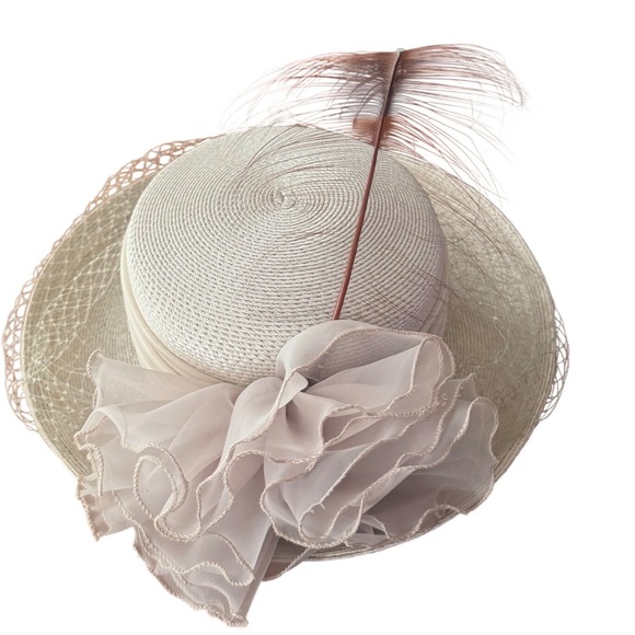 Joan Sylvia St Louis Vintage Cream  Dress Hat Organza Feather Derby Jody  G EUC main image 9